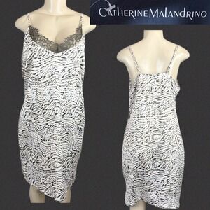 Catherine Malandrino L Animal Print V-Neck Lace Trim Adjustable Strap Chemise